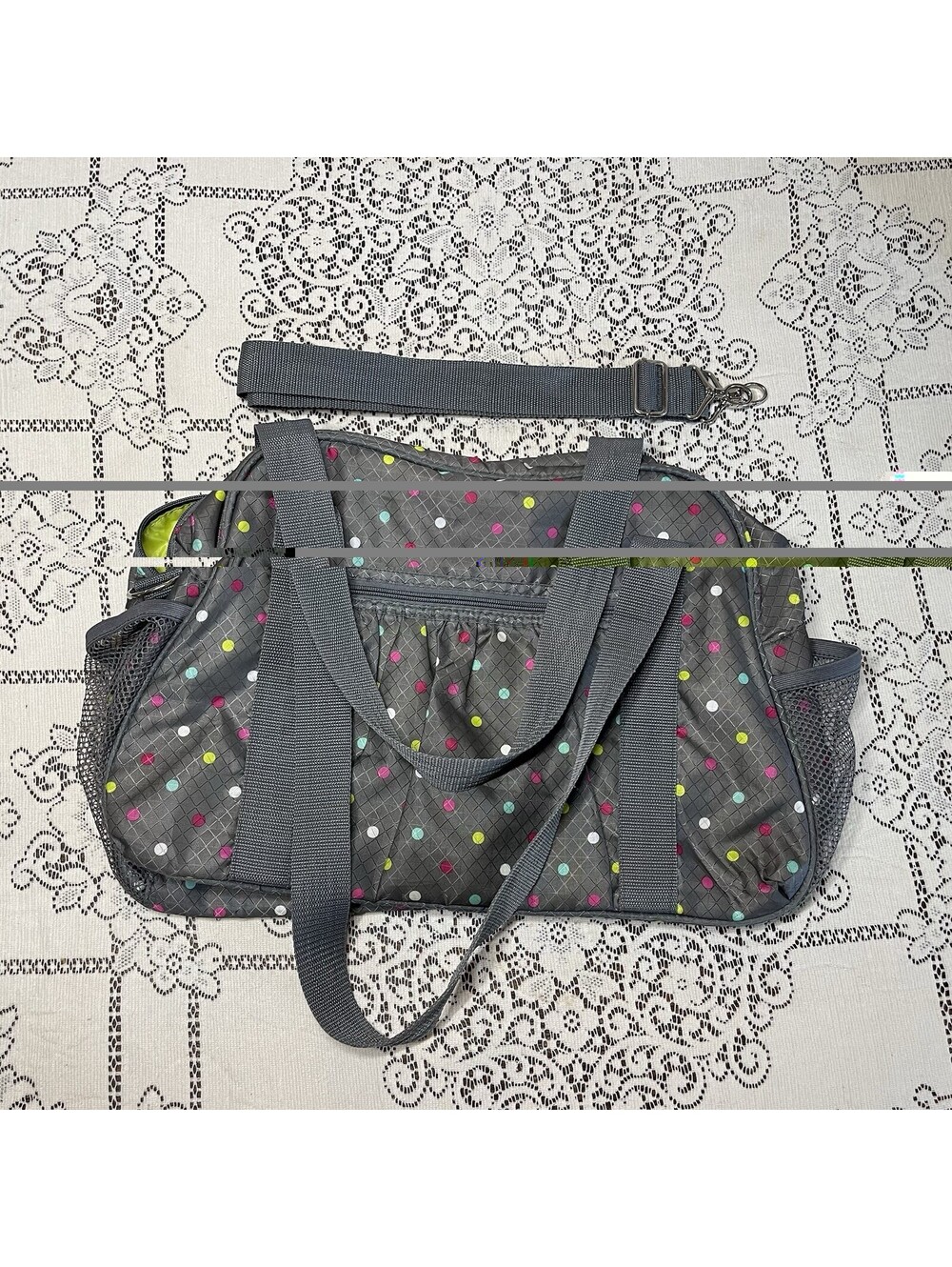 Thirty-One All in Tote Gray Confetti Polka Dot Carry On Tote Weekend Bag New